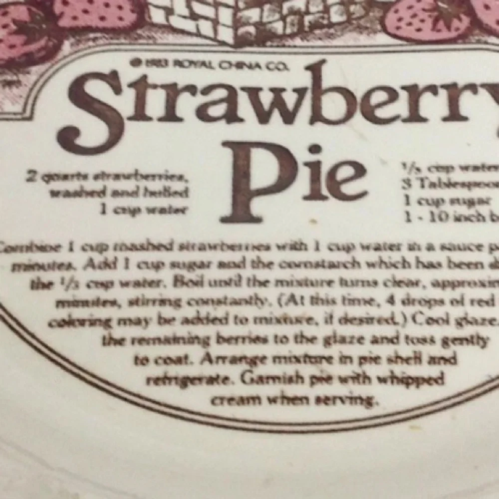 Strawberry Pie Recipe Dish Royal China Co Ceramic Baker Pink Brown Vintage 80s